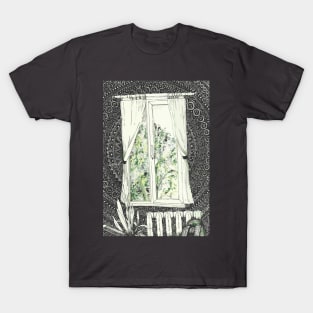 lamp home window behind which nature and greenery, wallpaper patterned mandala, ink, hiking. T-Shirt